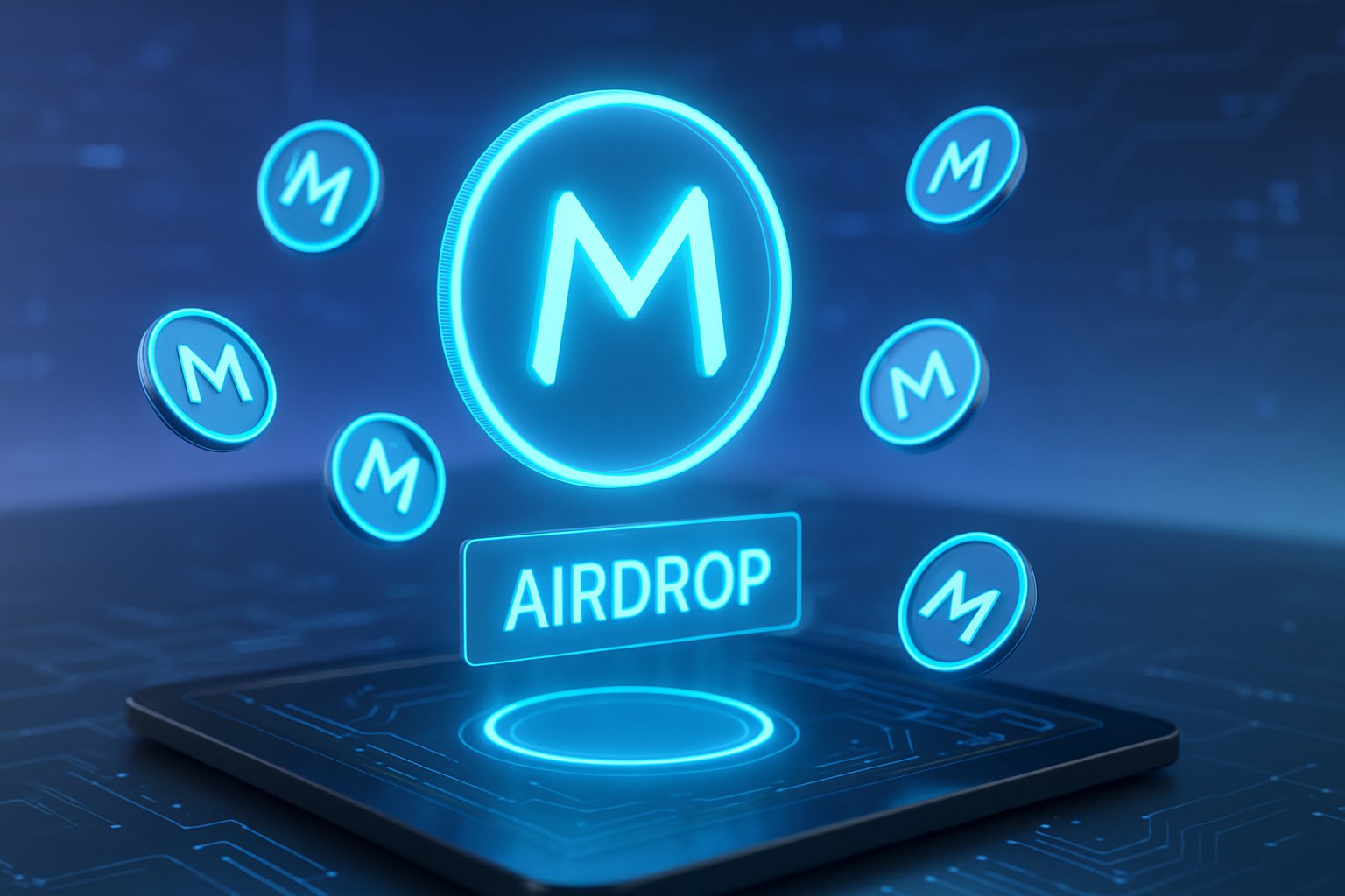 A futuristic digital interface displaying floating holographic tokens and symbols representing a cryptocurrency airdrop in a high-tech environment.