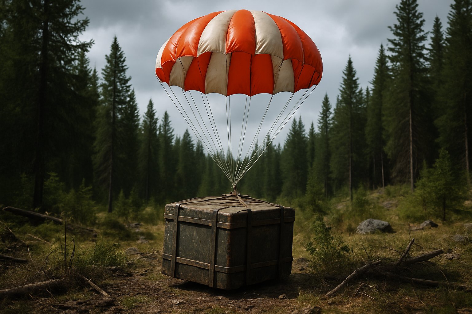A military supply crate descending by parachute over a forested area with dense trees and cloudy sky.