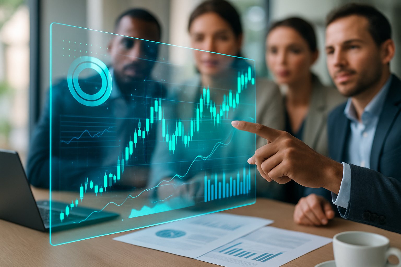 Business professionals analyzing digital financial charts on a transparent touchscreen in a modern office.