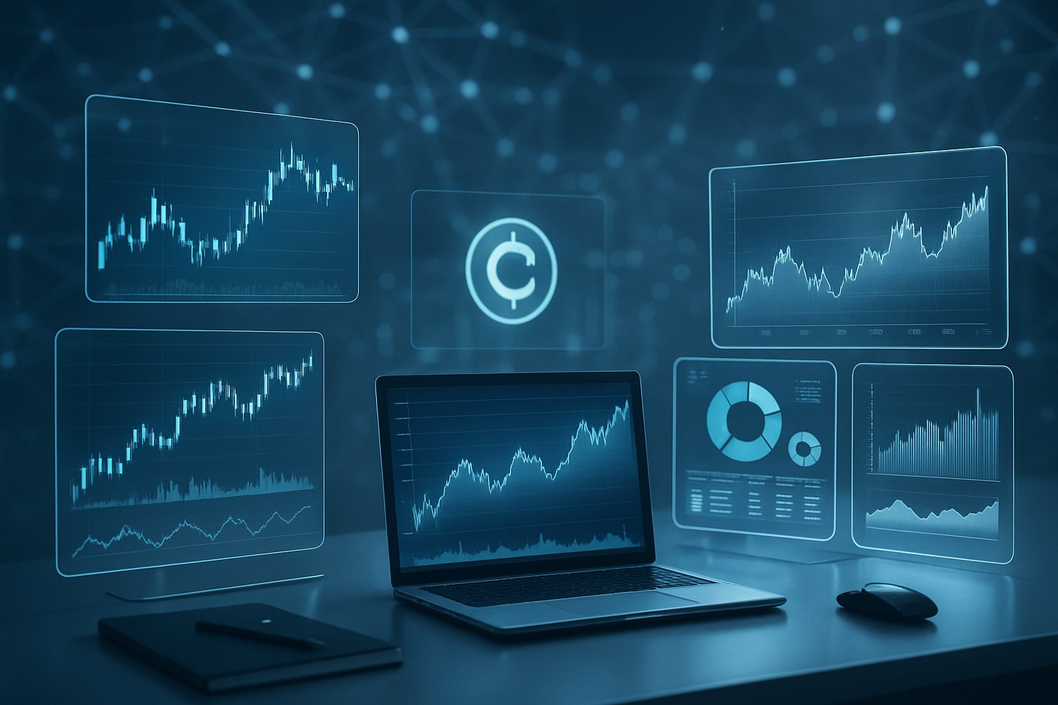 A modern workspace with holographic screens showing digital trading data and abstract glowing networks in the background.
