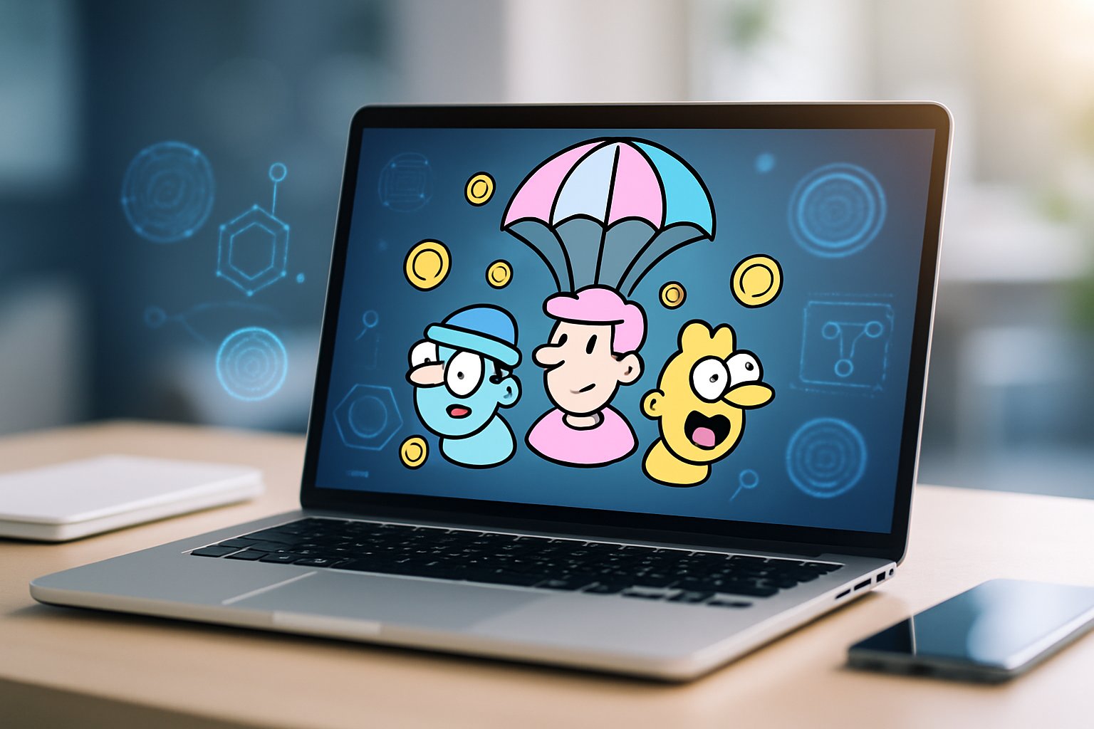 A laptop on a desk with colorful doodle-style icons floating above it, representing digital assets and cryptocurrency concepts.