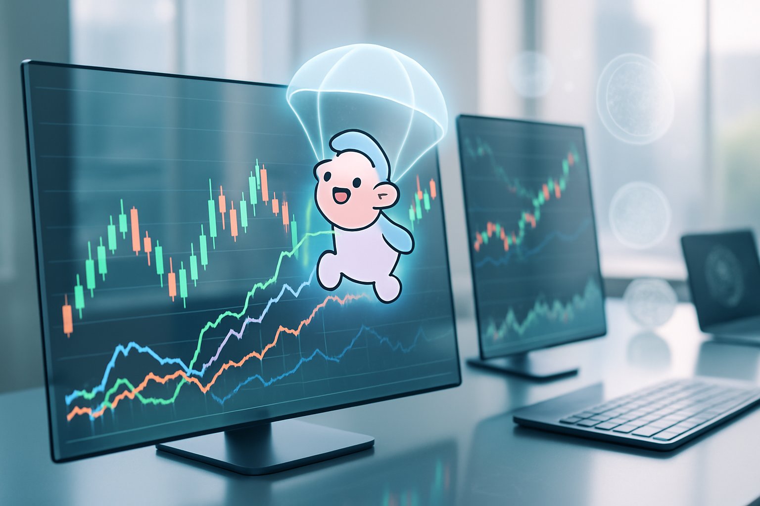 A modern workspace with digital screens showing colorful price charts and a holographic cartoon character, representing digital asset price changes.