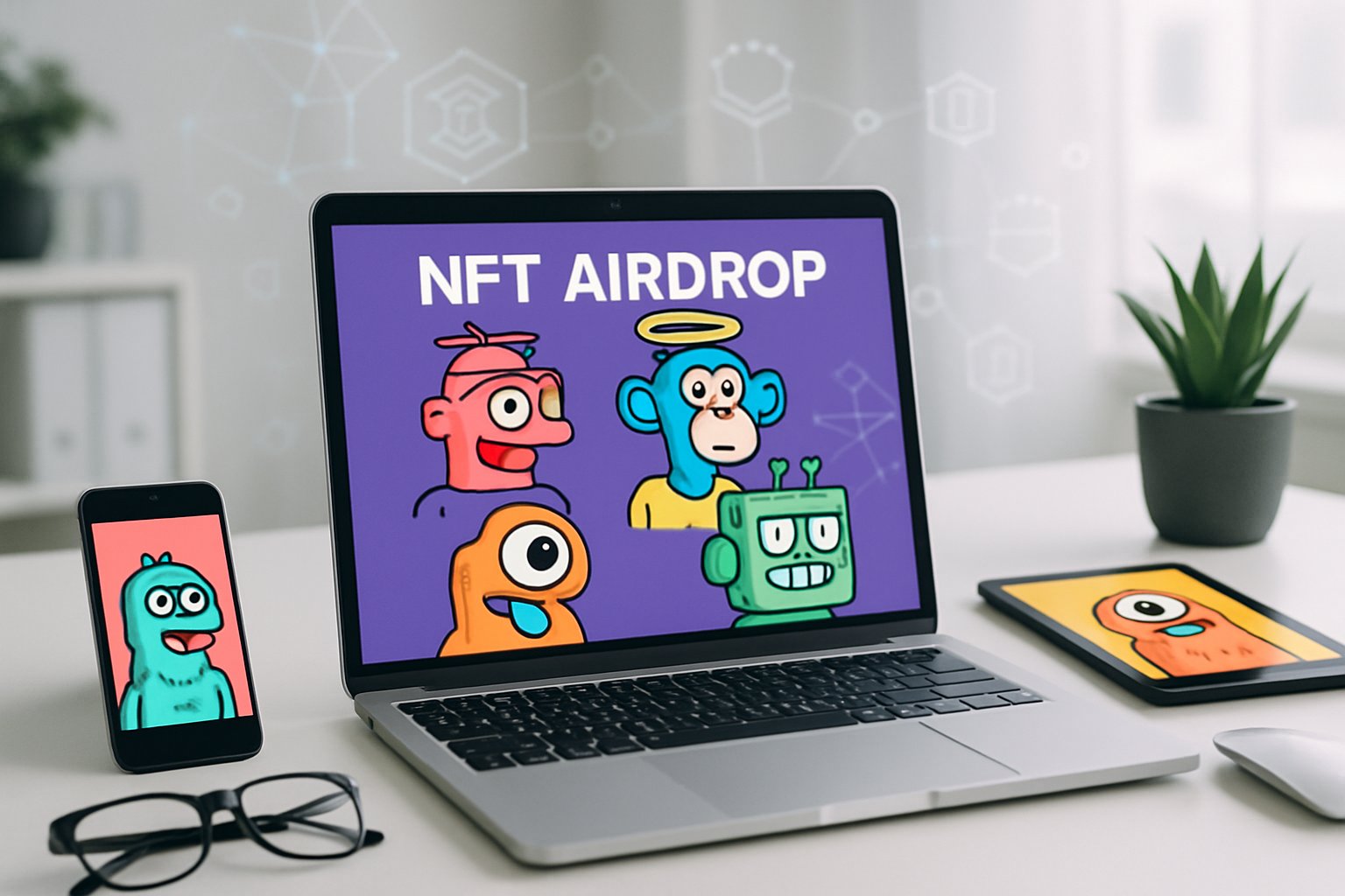 A modern workspace with a laptop and devices showing colorful doodle-style digital art related to NFTs.