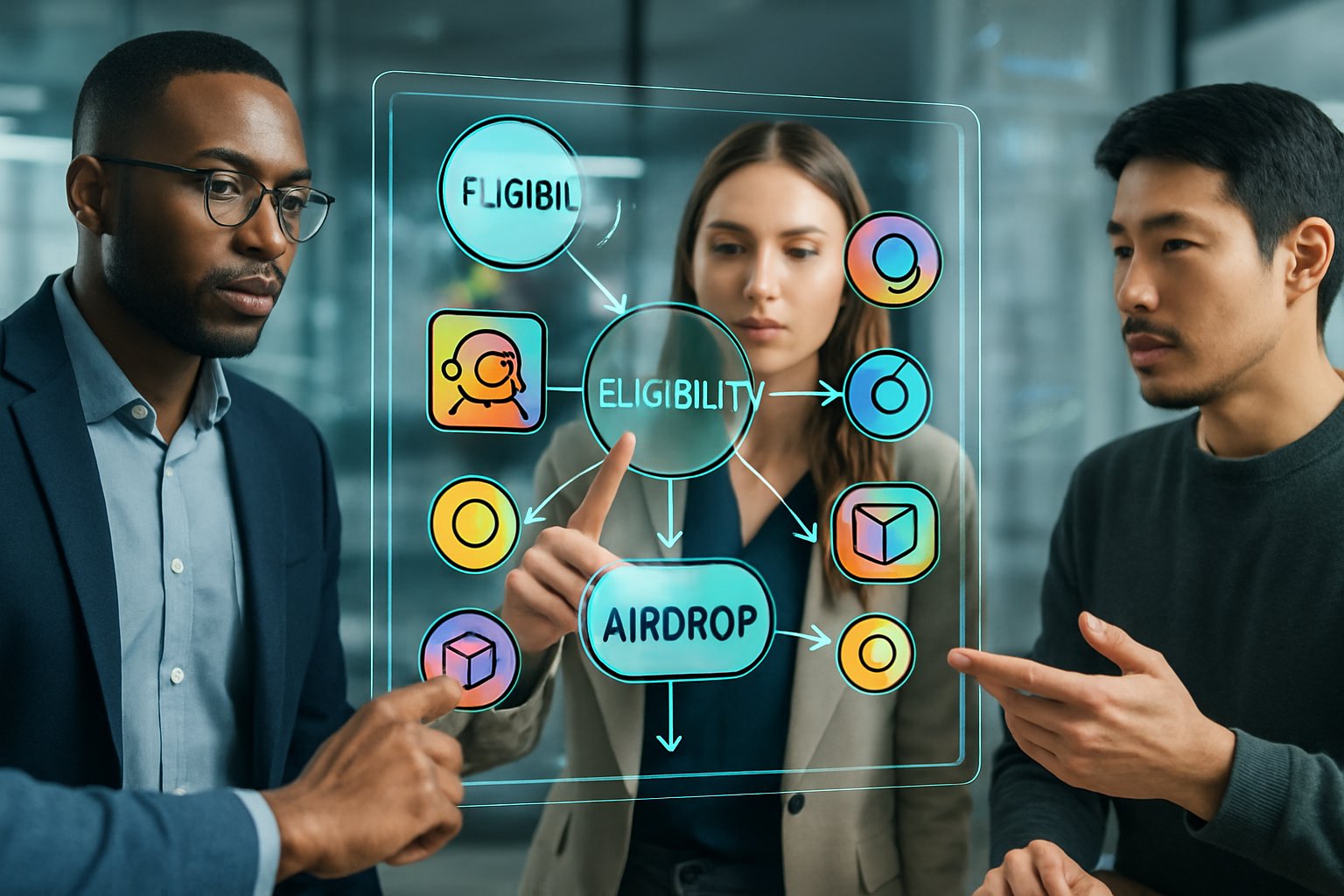 A group of professionals interacting with a transparent digital interface showing colorful doodle icons representing NFTs and a distribution flowchart in a modern office.