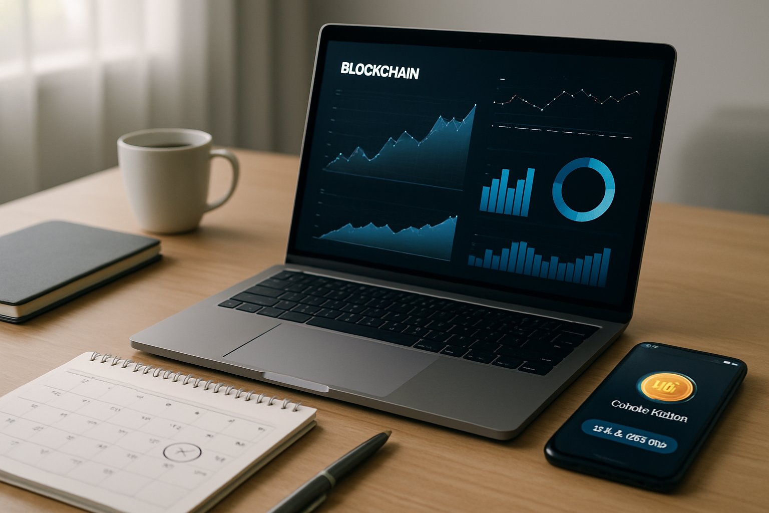 A modern workspace with a laptop showing digital blockchain charts, a smartphone with a crypto wallet app, and a calendar with a date circled on a clean desk.