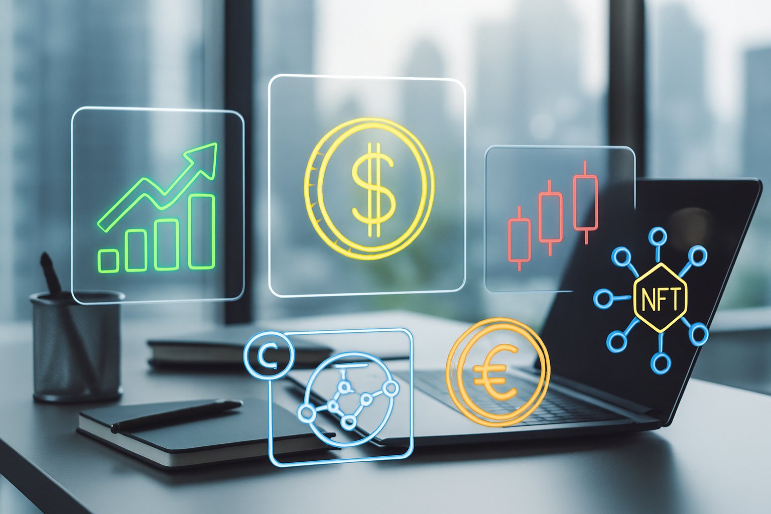 A modern workspace with holographic screens showing colorful digital icons related to trading, value, and NFT airdrops.