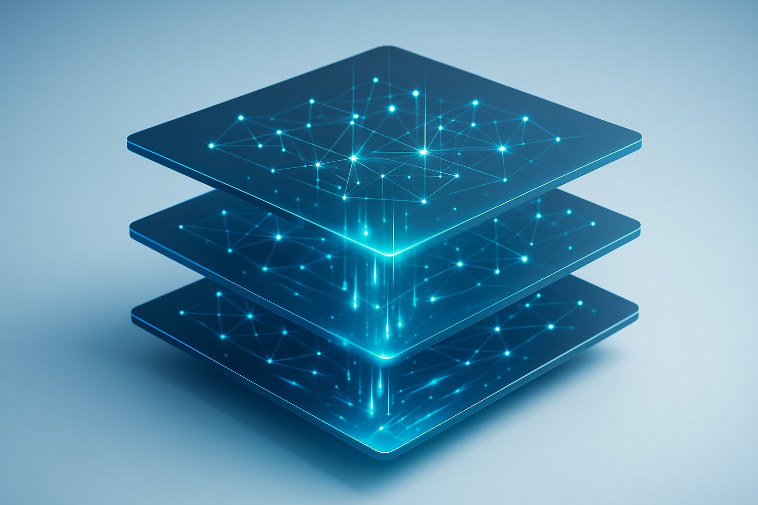A futuristic digital interface showing interconnected network layers with glowing nodes and flowing data streams in a clean blue and white background.