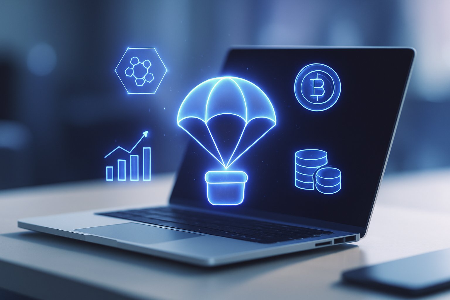 A modern workspace with a laptop and floating digital icons representing blockchain and data transfer.
