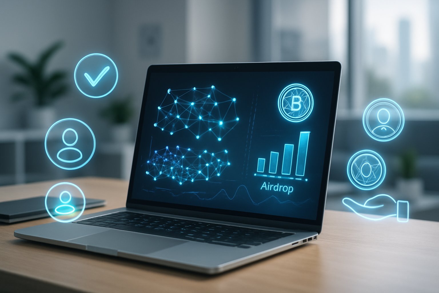 A modern workspace with a laptop showing digital blockchain charts and floating icons representing cryptocurrency participation.