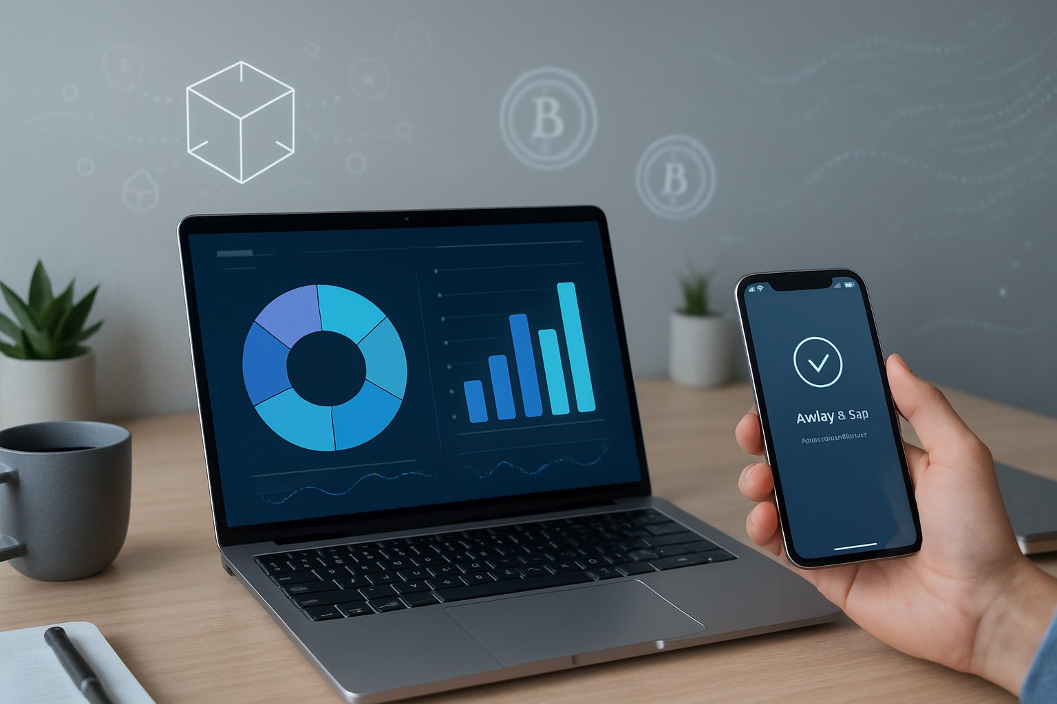 A modern workspace with a laptop showing cryptocurrency charts and a smartphone displaying an airdrop notification.