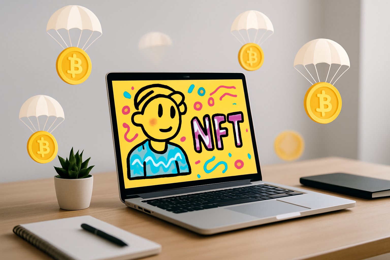 A laptop on a desk with colorful digital doodle art on the screen and floating digital tokens descending around it.