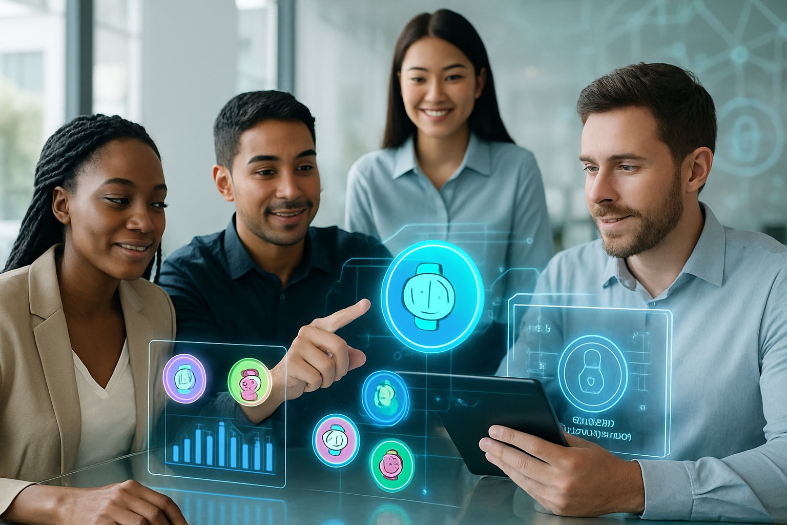 A group of professionals in a modern office interacting with digital screens showing cryptocurrency tokens and trading information.