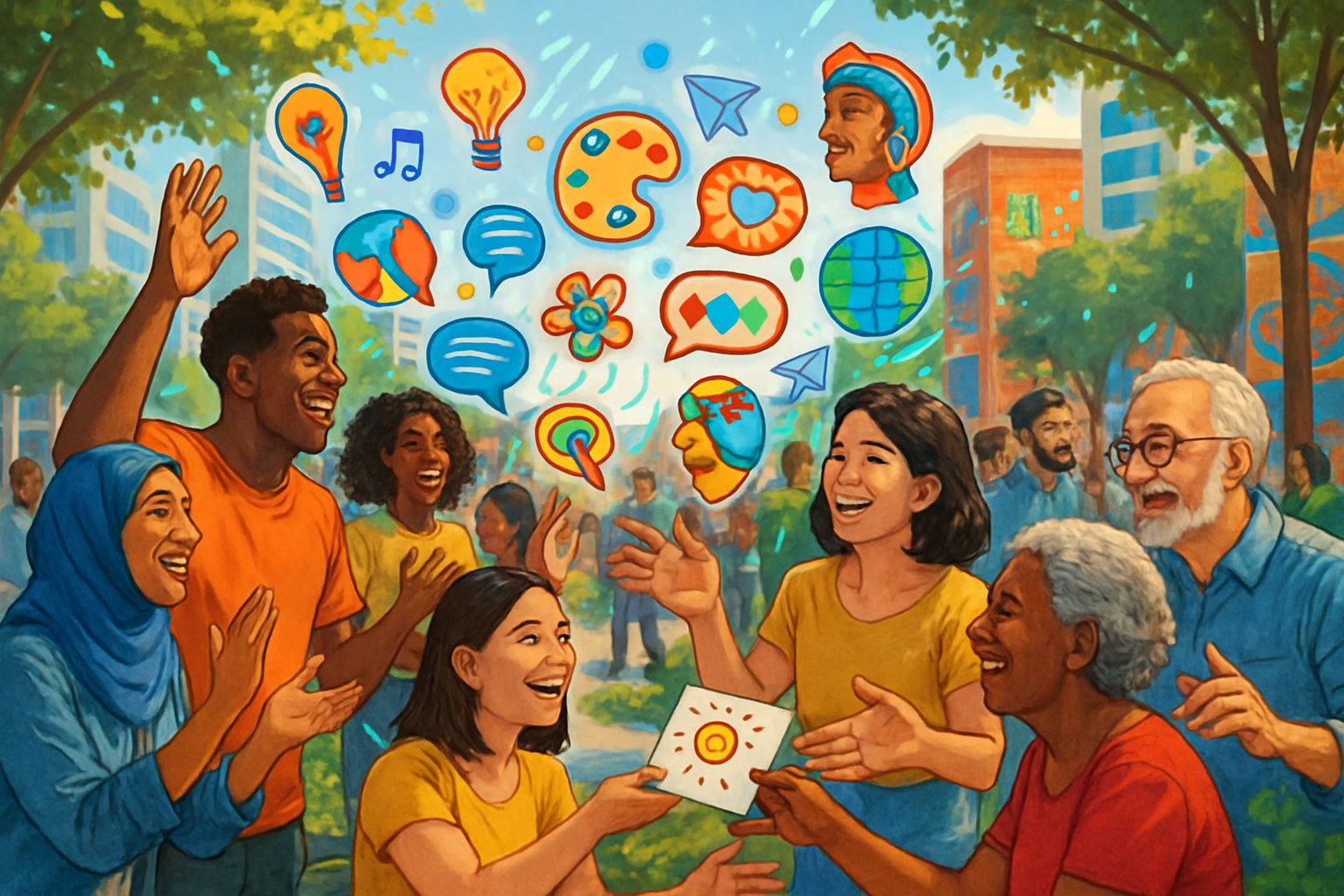 A diverse group of people gathered outdoors in a park, sharing colorful doodles and engaging warmly in a community event.