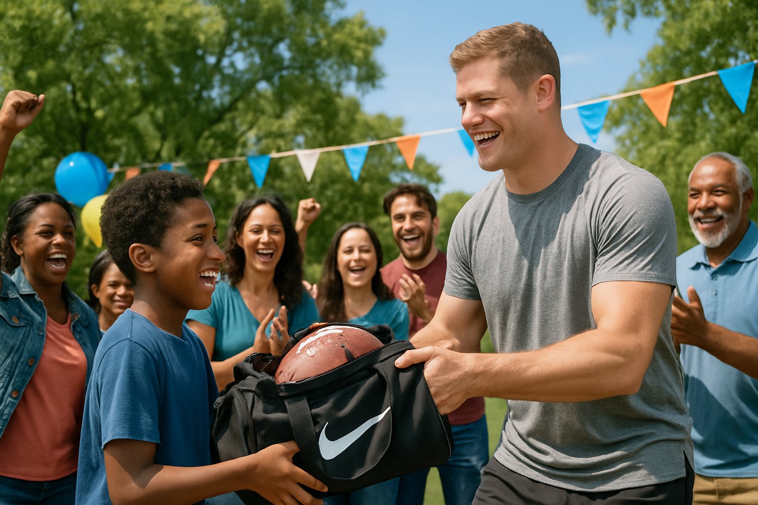 A man handing a sports bag to a young fan outdoors with people cheering around them in a park.