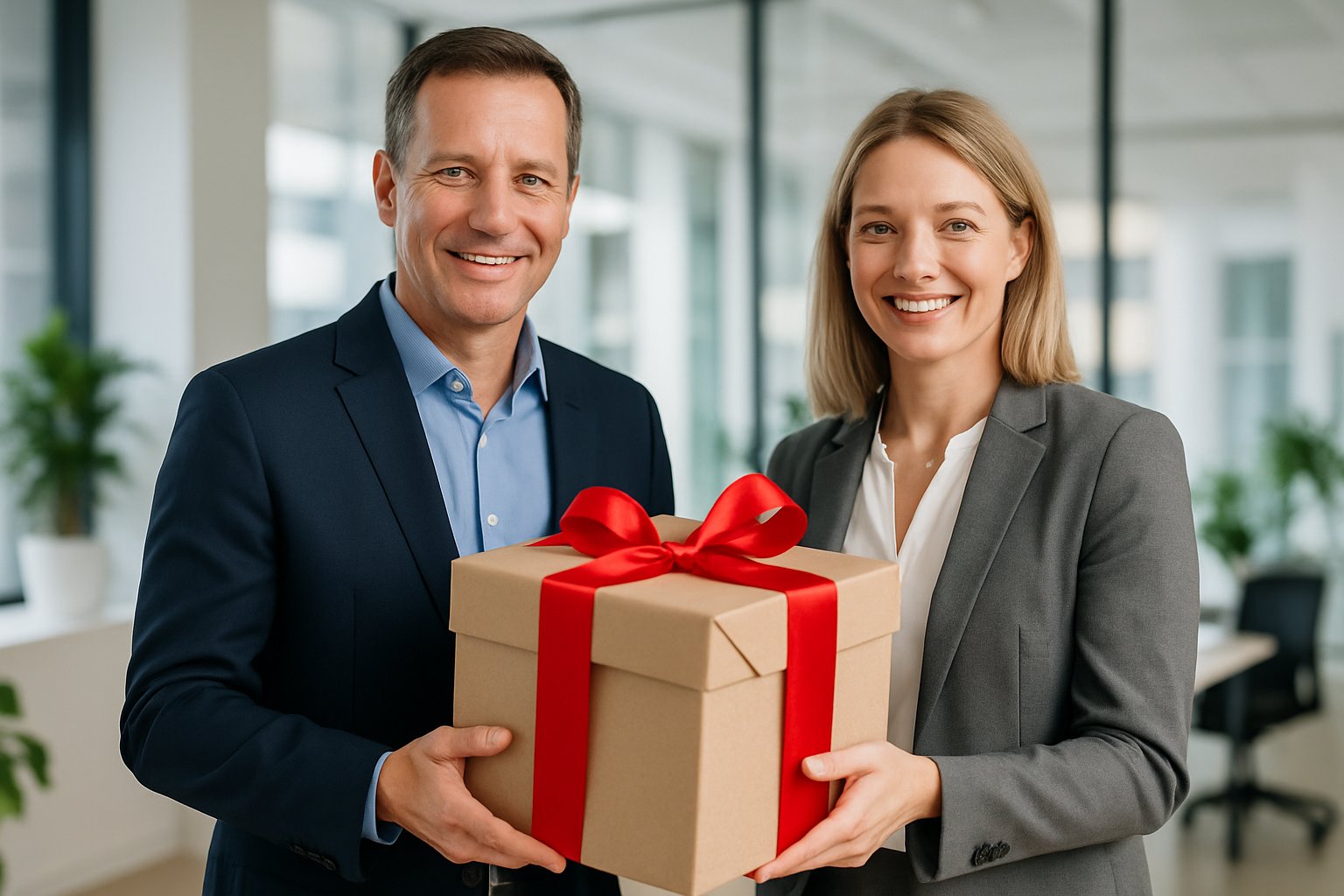 Two business professionals holding a wrapped gift box together in a bright office setting.