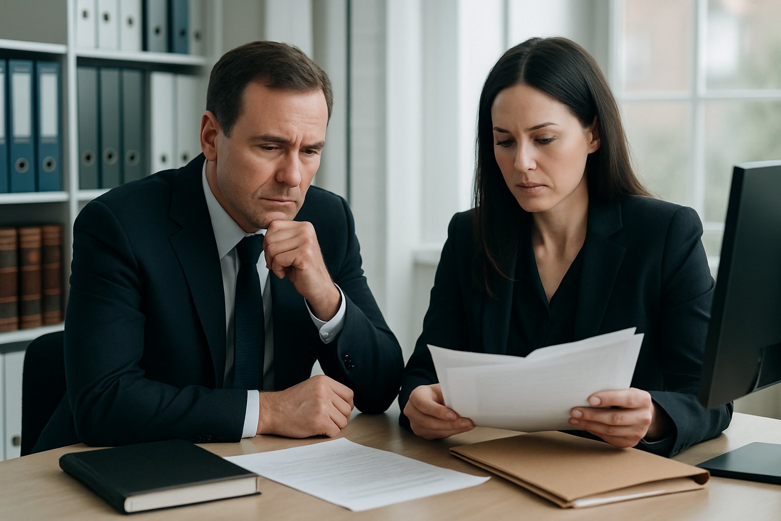 A man and a woman in a modern office reviewing documents together at a desk.