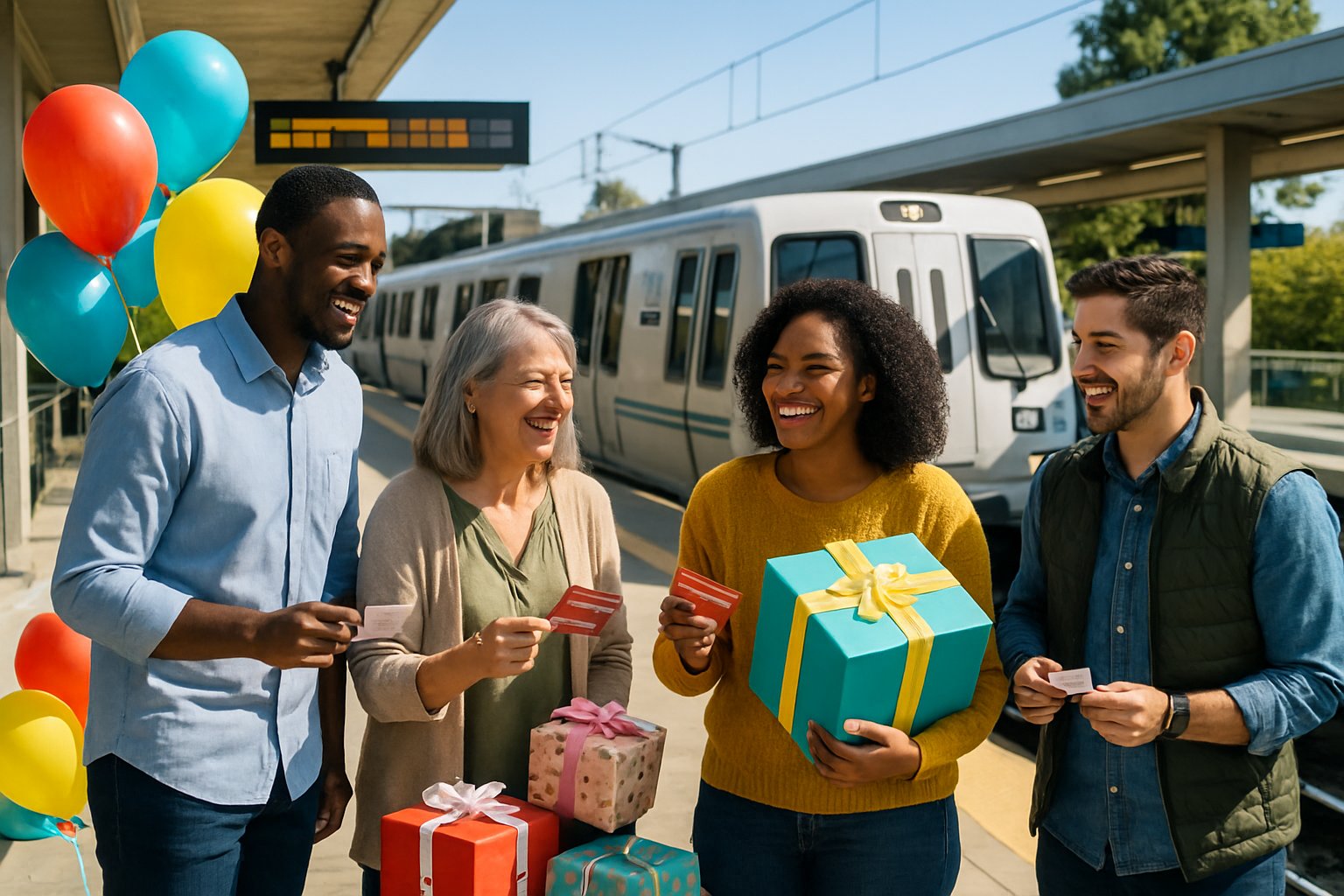 A group of diverse people smiling and interacting at a modern train station platform with a commuter train arriving, surrounded by balloons and gift boxes.
