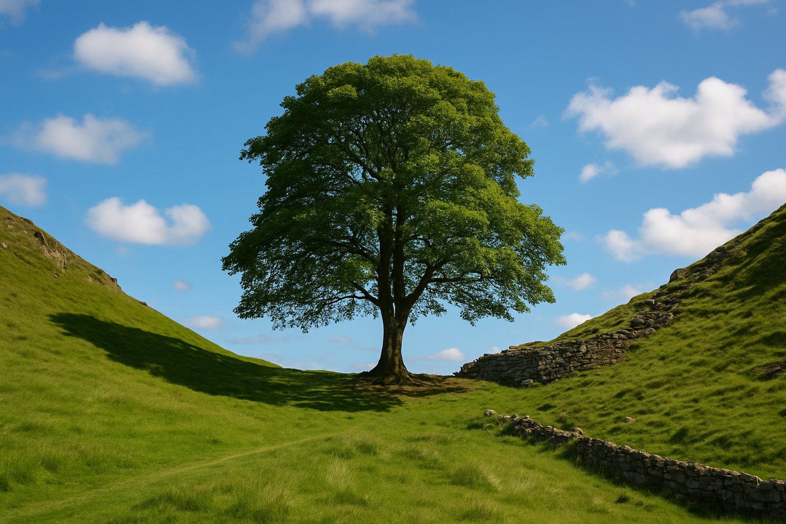 A large solitary sycamore tree on a green hillside next to a stone wall under a blue sky with clouds.