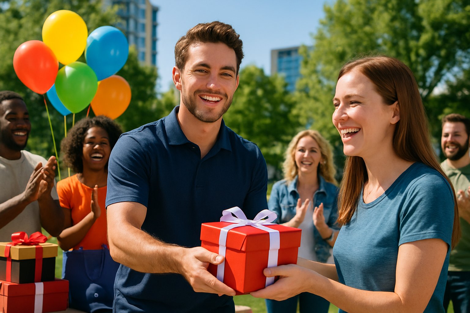 A group of people outdoors celebrating a giveaway event with a man handing a prize to a smiling winner surrounded by balloons and gift boxes.