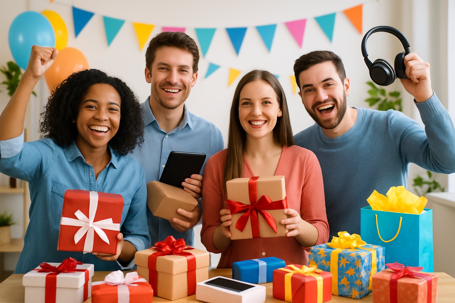 A group of smiling people celebrating and holding prizes at a giveaway event with colorful decorations and gifts on a table.