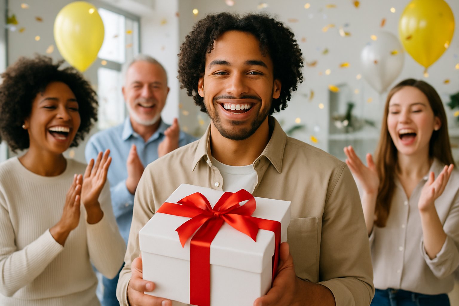 A group of people celebrating as a man holds a wrapped prize box, smiling happily in a bright indoor setting.