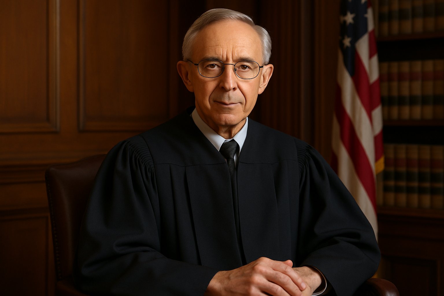 An older man in a black judicial robe sitting in a courtroom with wooden paneling and bookshelves.