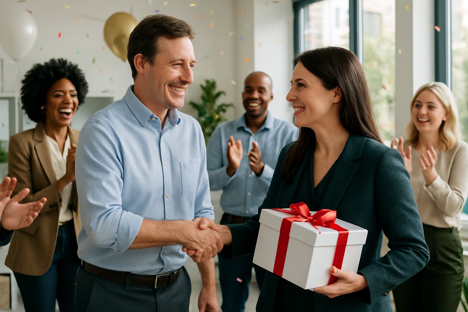 A man and a woman shaking hands in an office while colleagues celebrate a giveaway event with balloons and confetti.