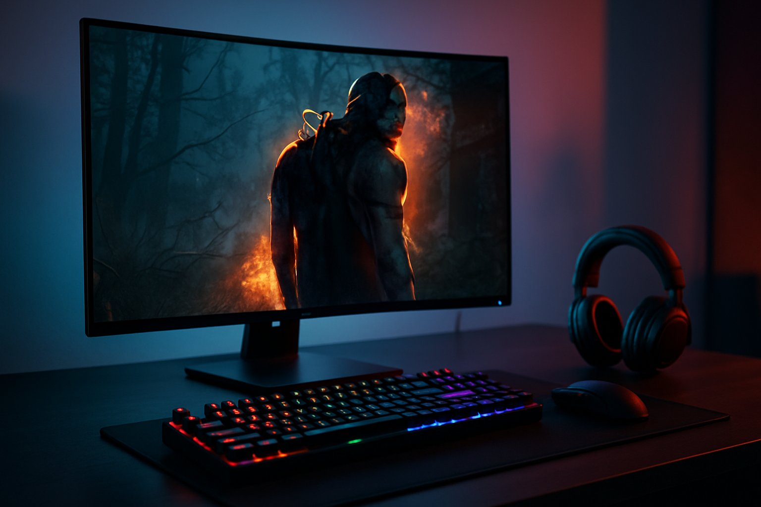 A gaming setup with a large curved monitor showing a dark forest scene, surrounded by a keyboard, mouse, and headphones on a desk with blue and red ambient lighting.