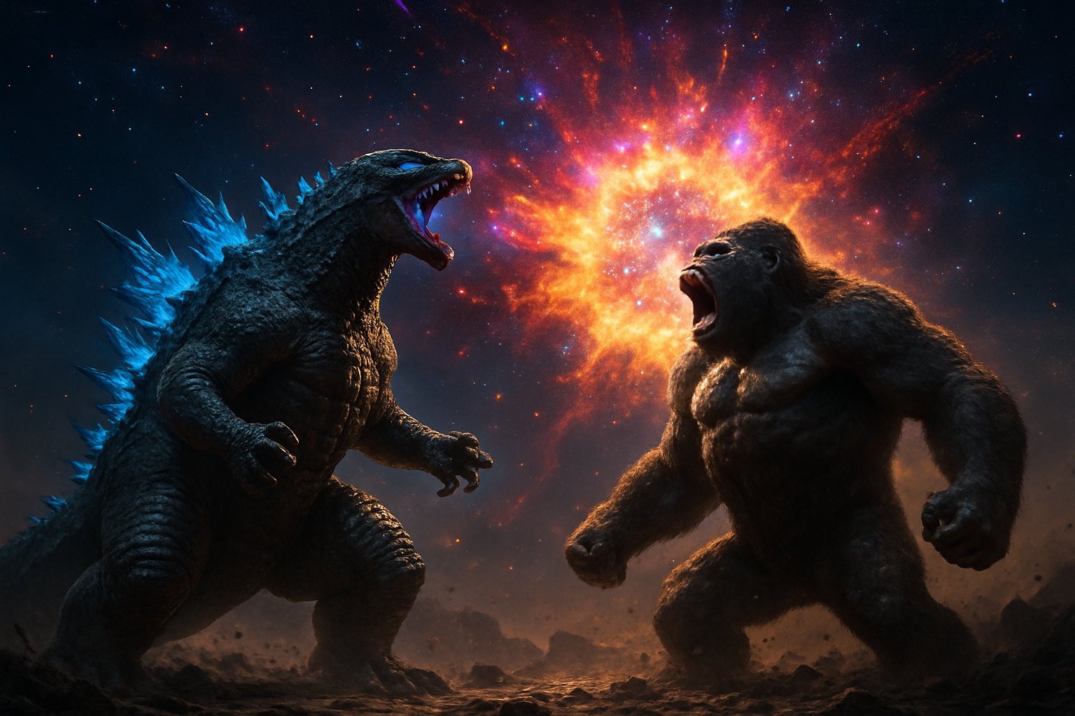 Godzilla and King Kong facing each other in a rocky landscape beneath a bright, colorful supernova sky.