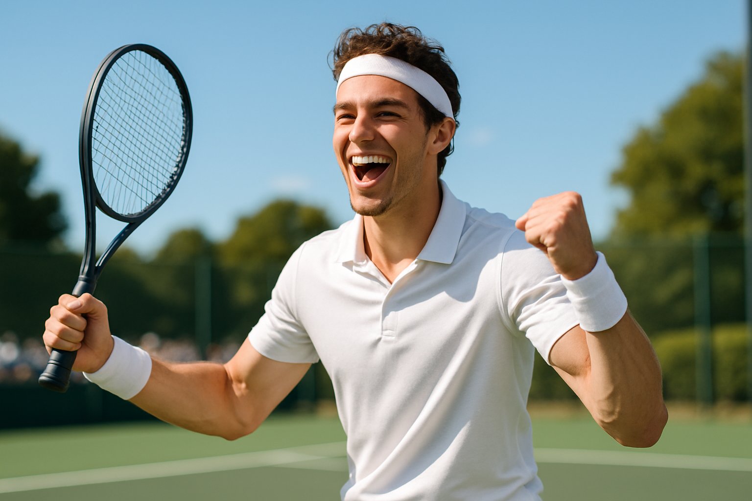 A young male tennis player celebrating on an outdoor tennis court during a sunny day.