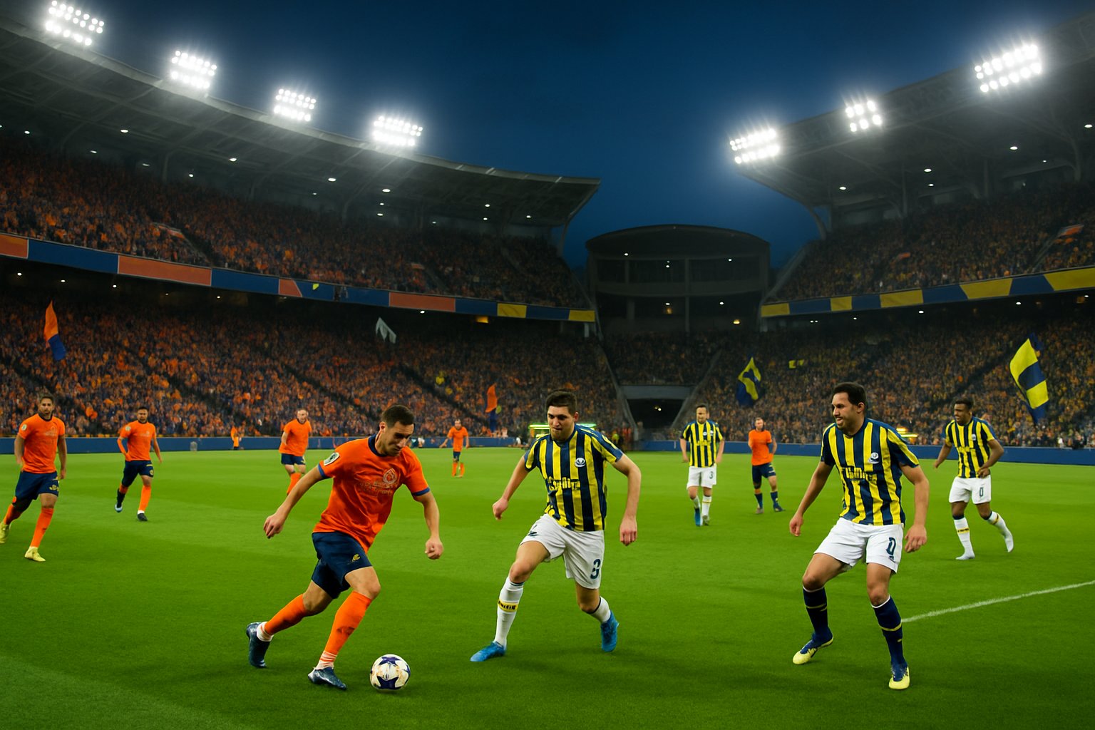 Football players from Istanbul Başakşehir and Fenerbahçe competing on a green pitch in a packed stadium with fans cheering and waving flags.