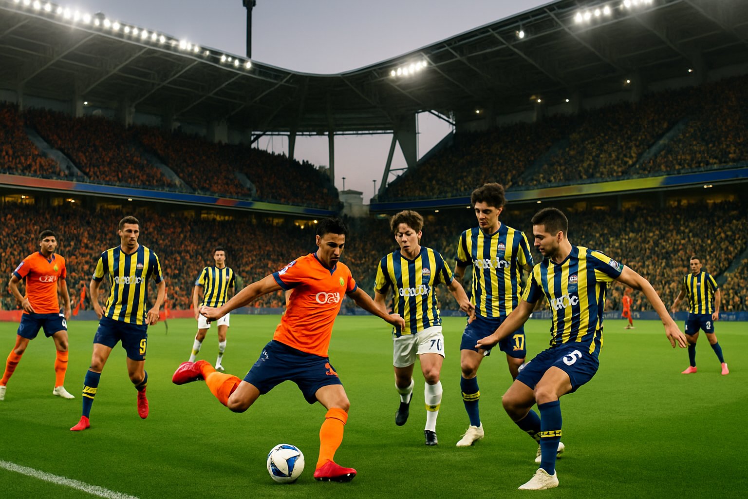 Football players from two teams competing on a green field with fans in the stadium stands.