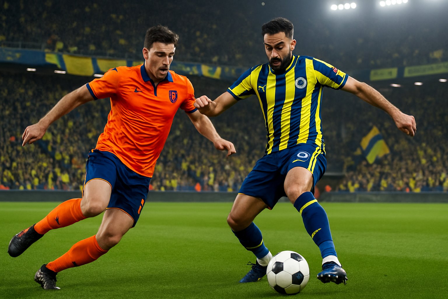 Two football players from opposing teams competing on a green pitch in a crowded stadium.