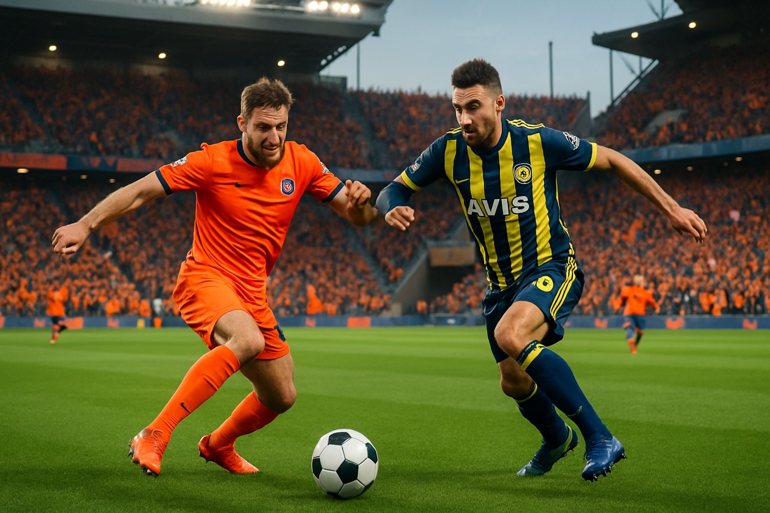 Two soccer players from opposing teams compete for the ball in a packed stadium with fans cheering.