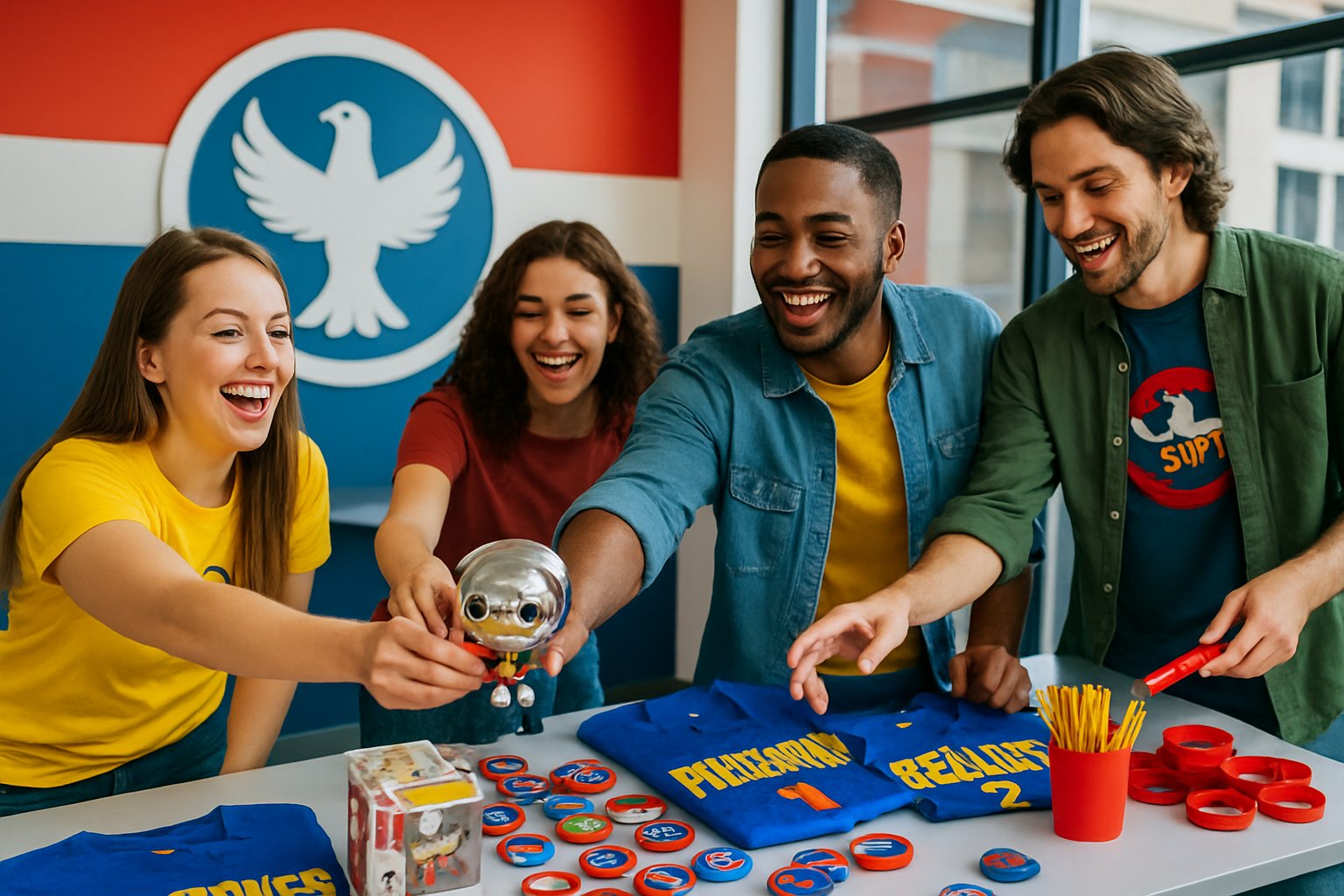 A group of young adults happily interacting around a table with Peacemaker-themed merchandise at a giveaway event.