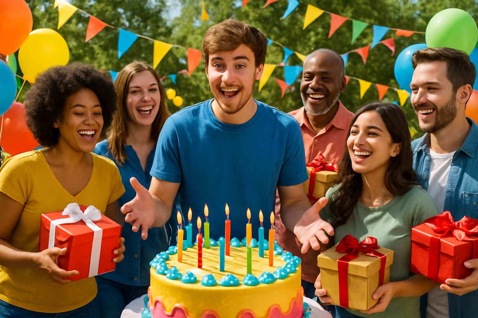 A group of people celebrating a birthday outdoors with balloons, a large cake, and gift boxes, centered around a smiling young man.