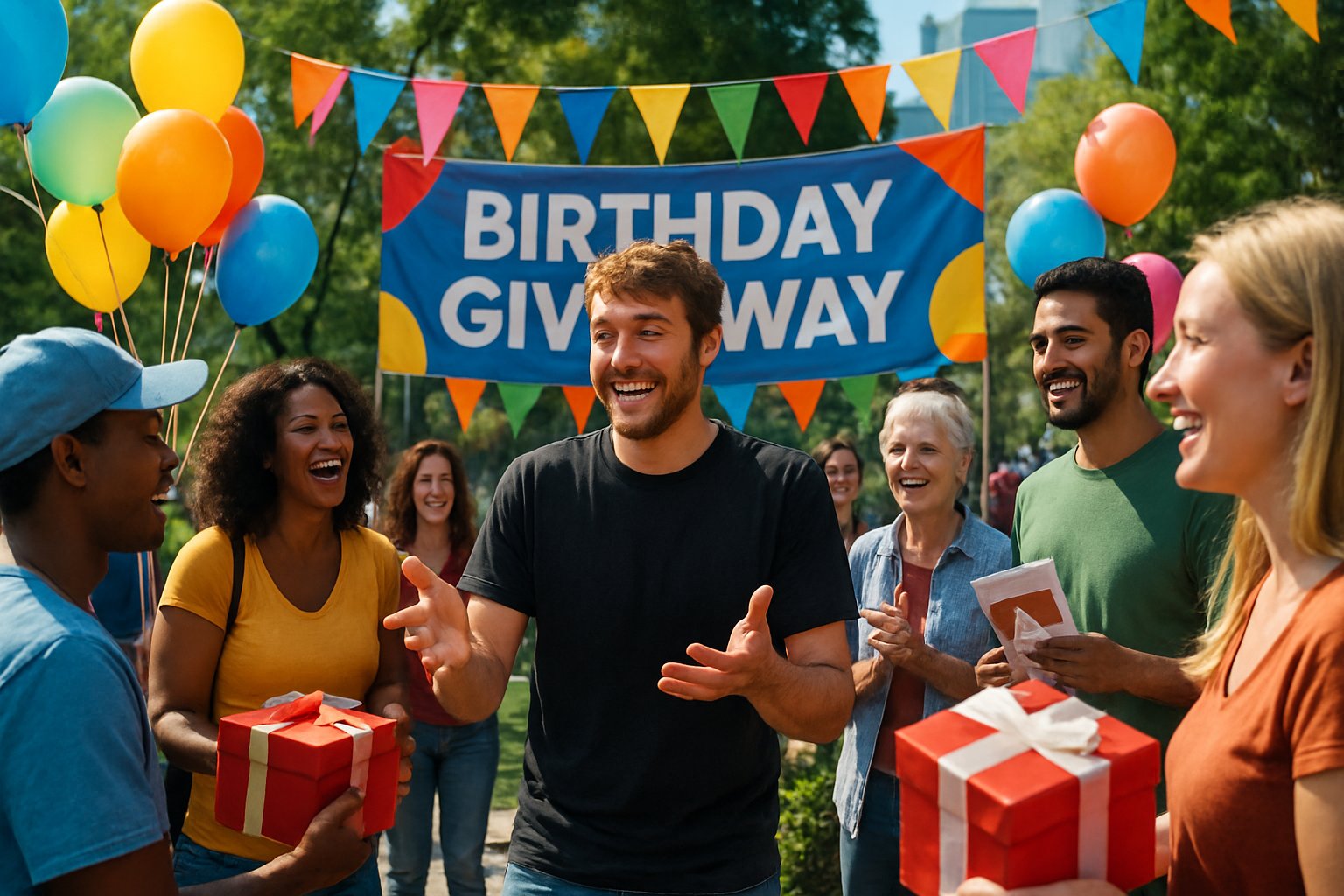 A group of people celebrating at an outdoor birthday giveaway event with decorations and gifts.