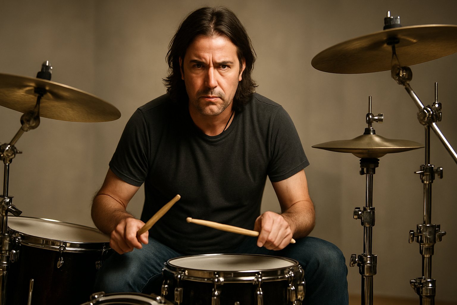 A man resembling a drummer sits behind a drum set in a music studio, focused on playing.