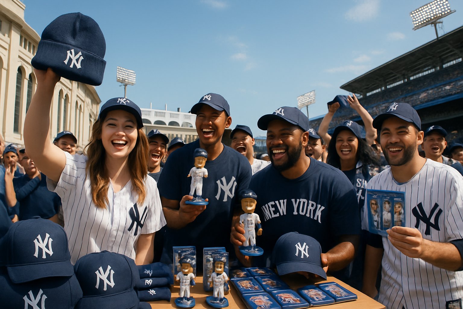 Fans wearing New York Yankees gear at a busy stadium concourse receiving giveaway items during a baseball event.