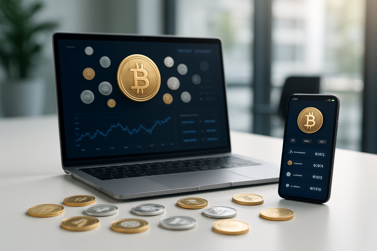 A workspace with a laptop and smartphone displaying cryptocurrency apps, surrounded by gold and silver coins on a desk.