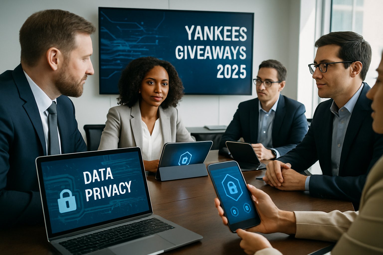 A group of professionals working together in an office with laptops and digital screens showing data security visuals.