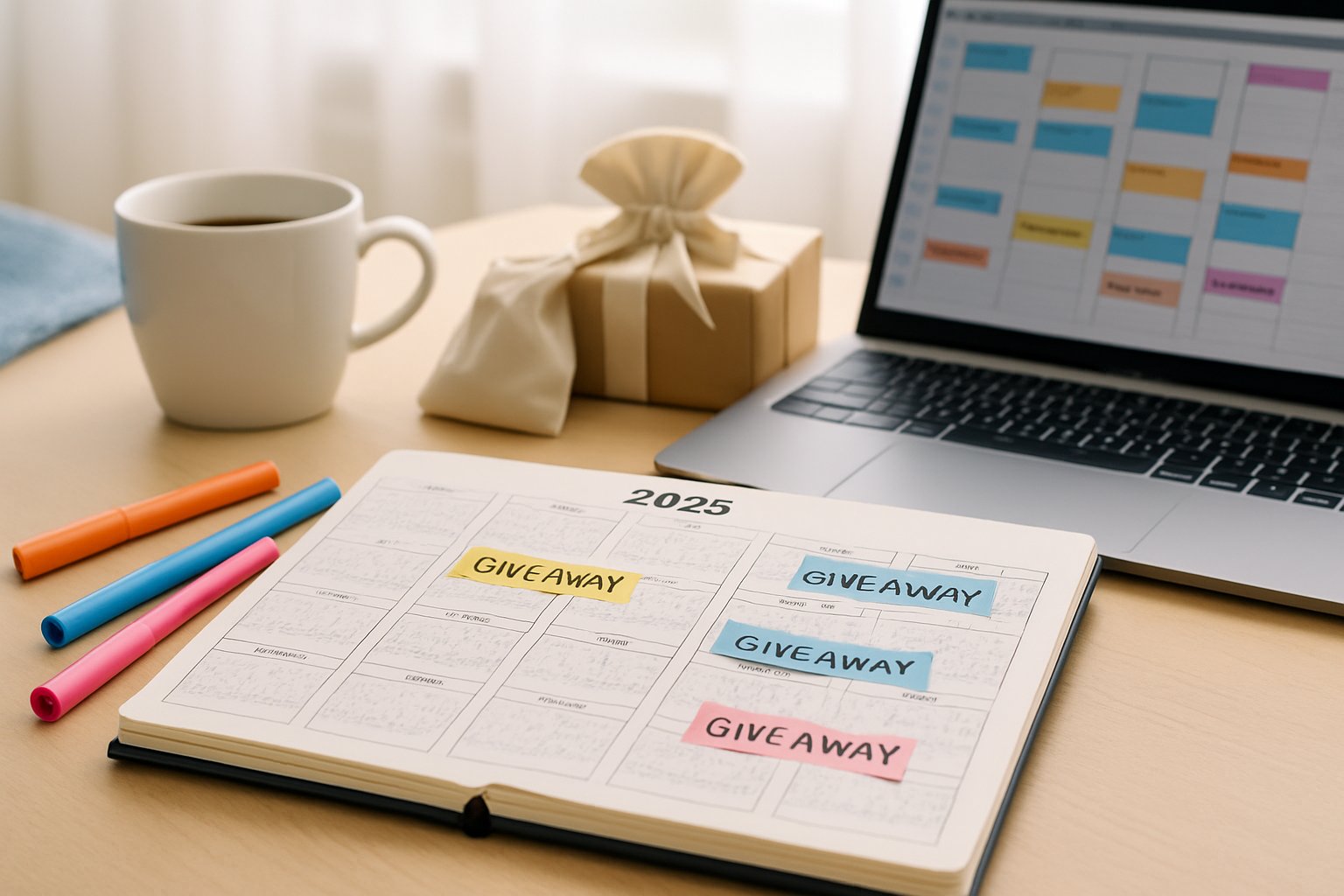 A workspace with a calendar open to 2025, a laptop, coffee cup, and giveaway items arranged on a desk near a window with natural light.