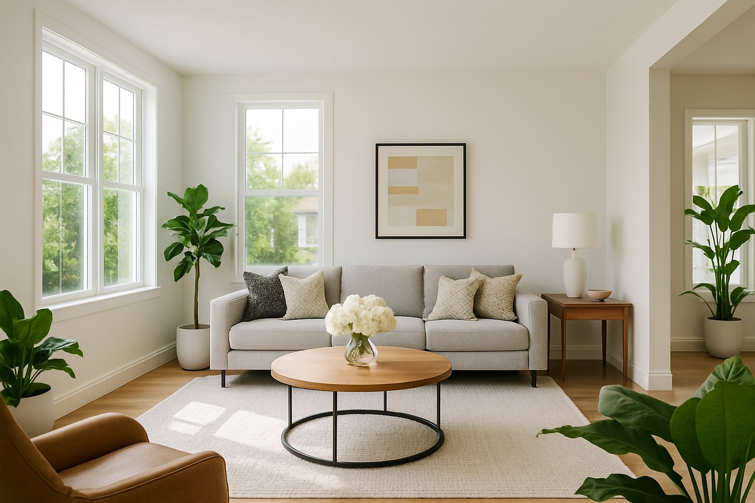 A bright and spacious modern living room with stylish furniture, large windows, and green plants.