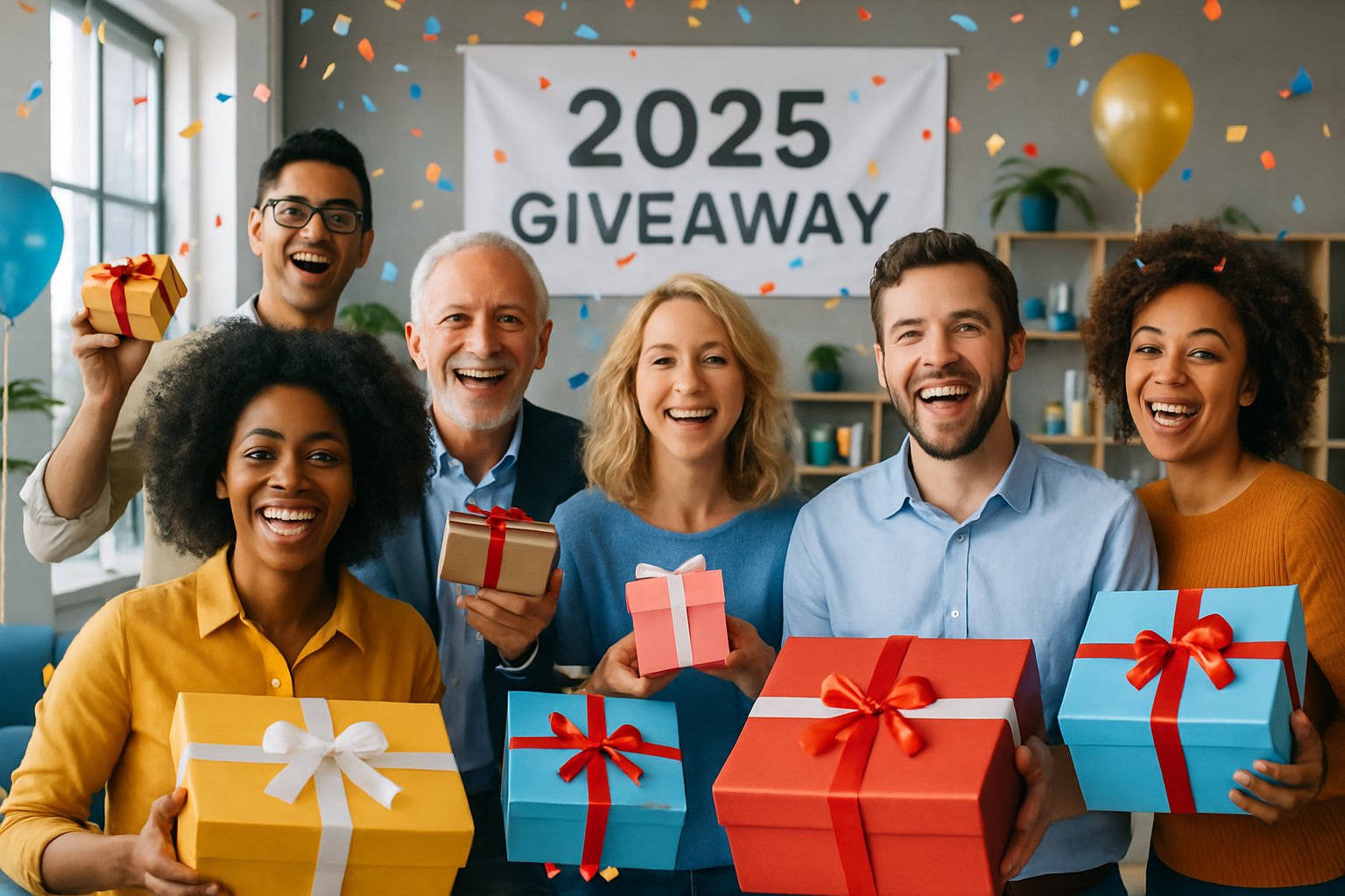 A diverse group of happy people celebrating and holding gift boxes with confetti falling around them in a bright event space.