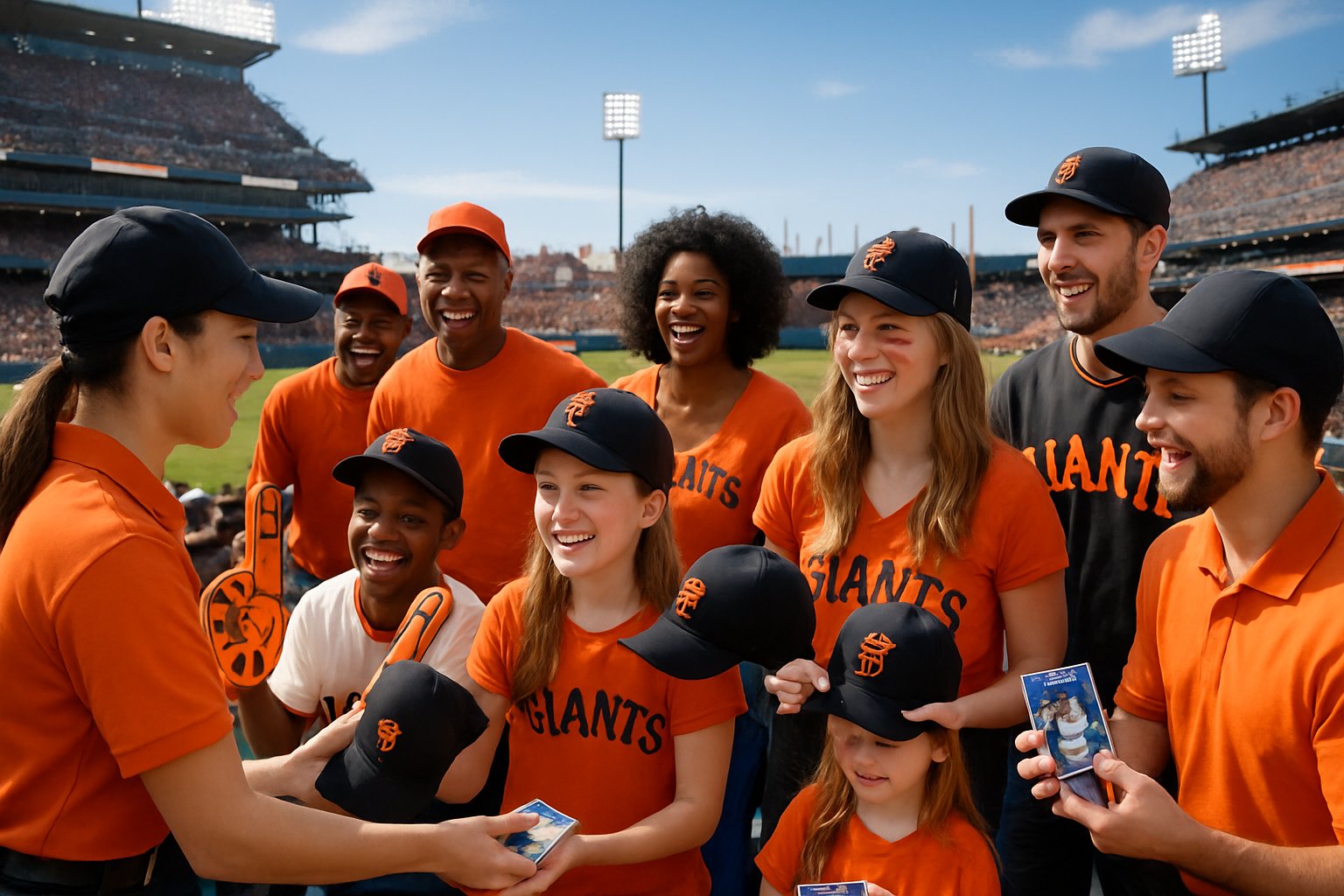 A crowd of fans at a San Francisco Giants baseball game receiving giveaway items in a sunny stadium.