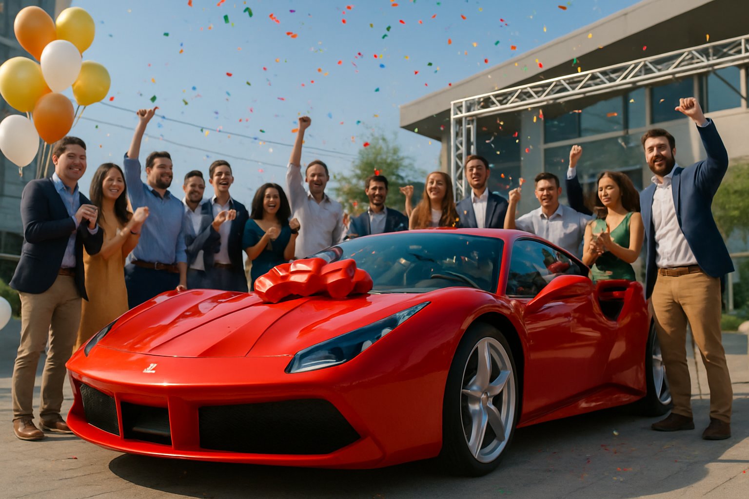 A luxury sports car surrounded by a group of happy people celebrating at an outdoor event.
