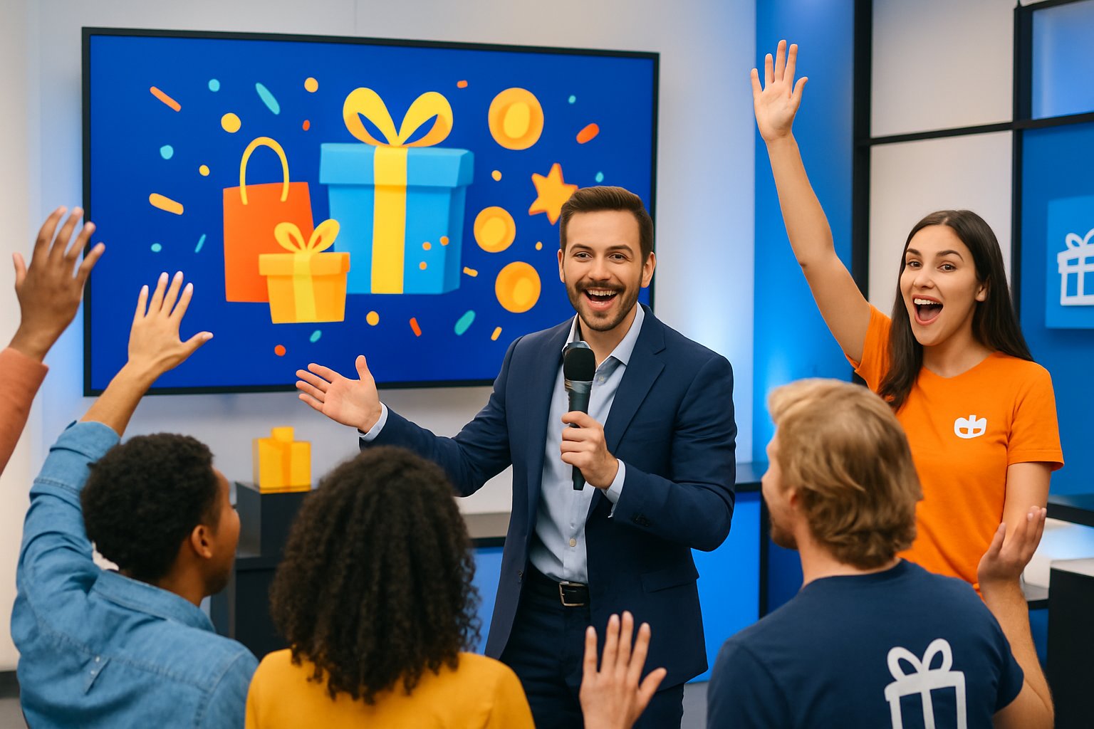 A group of people at a live giveaway event with a host speaking to an excited audience in a modern studio.