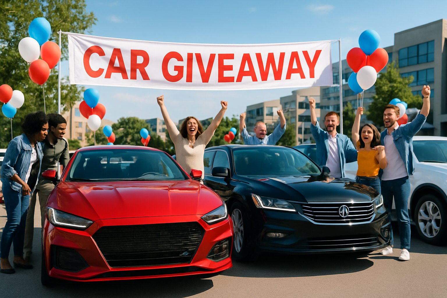 A group of people gathered around a variety of popular cars displayed outdoors at a car giveaway event.