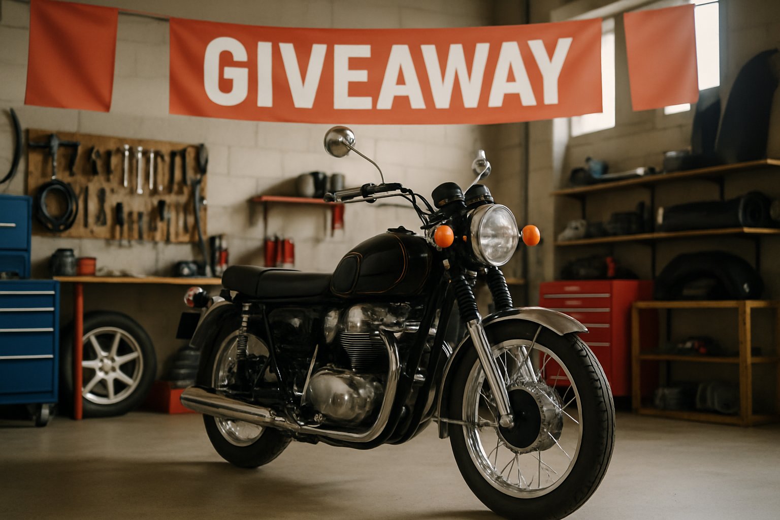 A clean garage with a shiny classic vehicle displayed among automotive tools and equipment, ready for a giveaway event.