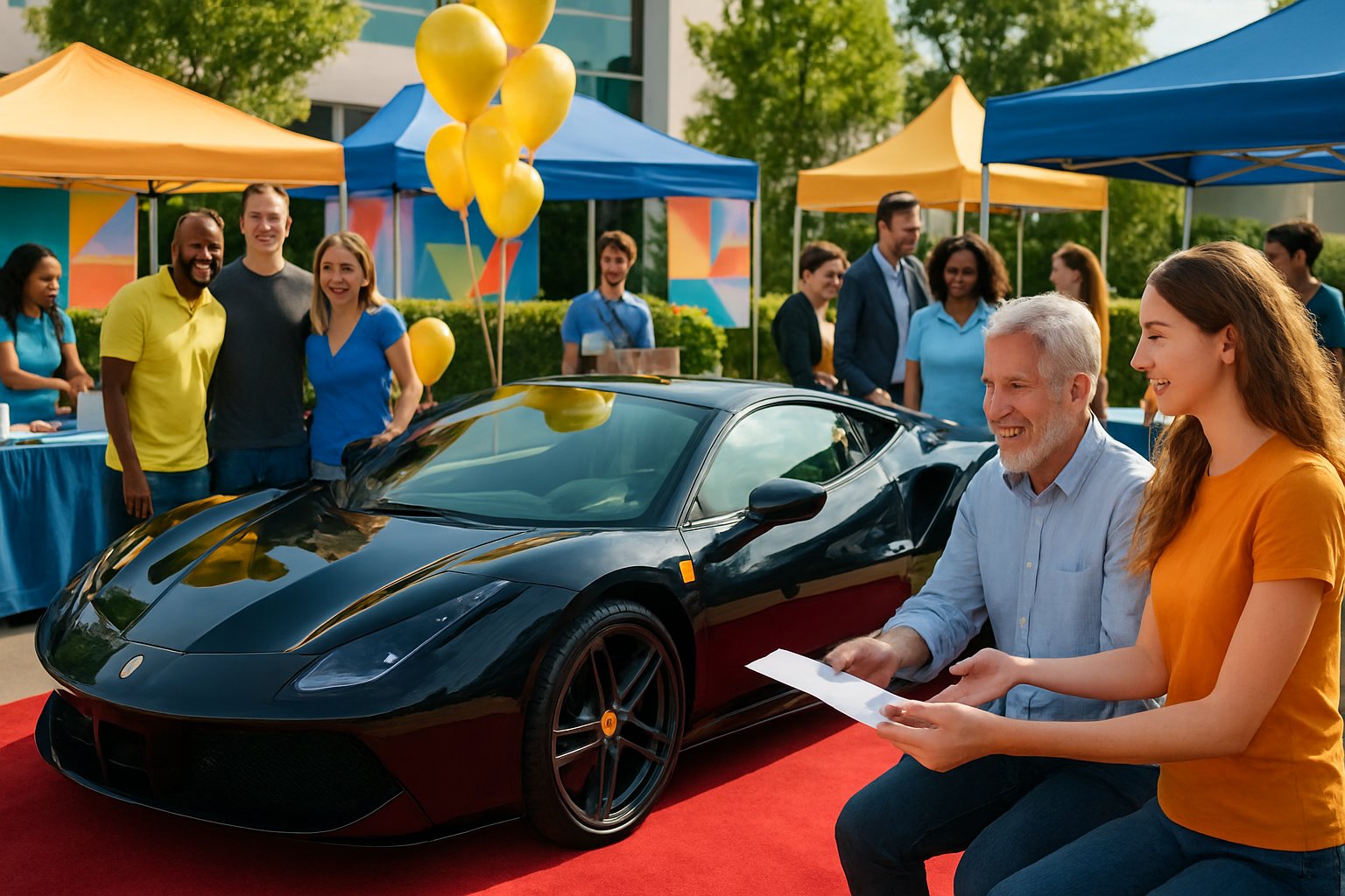 A group of people gathered around a luxury sports car at an outdoor event with vendor booths and sponsors, smiling and interacting in a festive atmosphere.